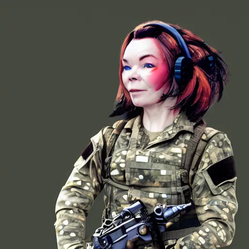 Image similar to bjork as an armed soldier, 8k, high definition, highly detailed photo-realistic