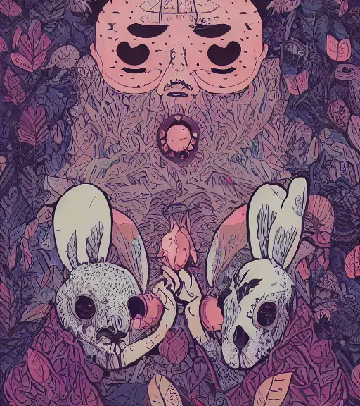 Prompt: portrait, nightmare anomalies, leaves with a bunny by miyazaki, violet and pink and white palette, illustration, kenneth blom, mental alchemy, james jean, pablo amaringo, naudline pierre, contemporary art, hyper detailed