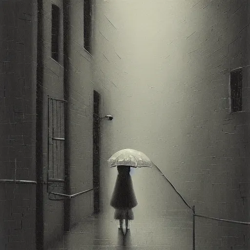 Prompt: strange alleyway, rainy night by Shaun Tan