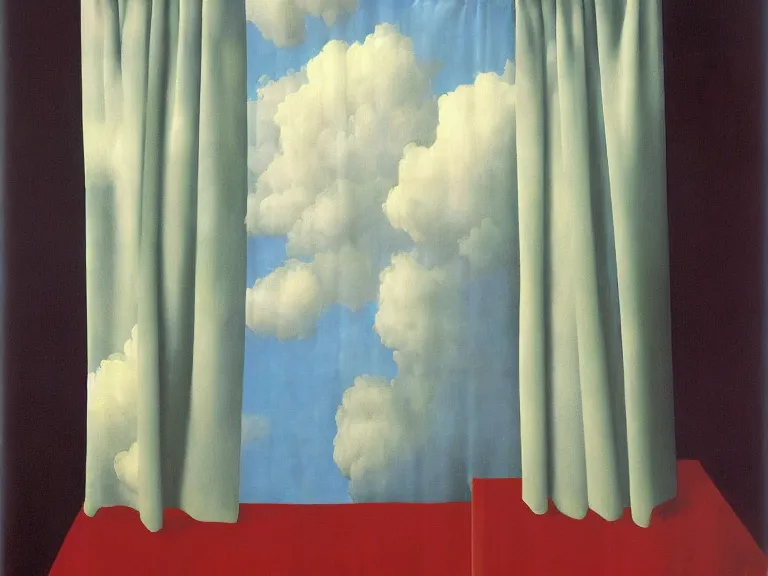 Image similar to clouds painted on curtains , painting by rene magritte, centered, high detail, high resolution