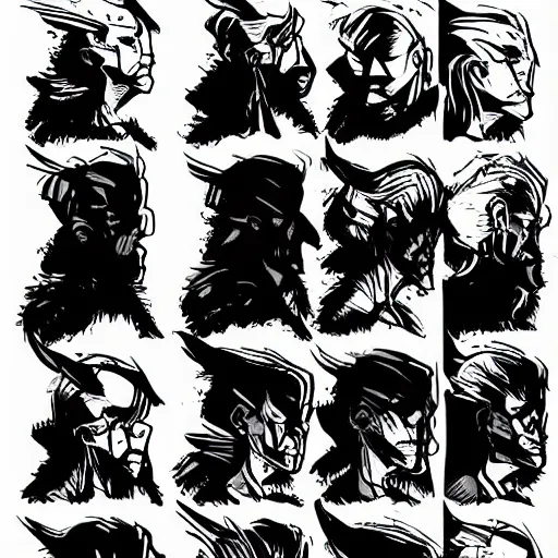 Image similar to character design sheet, book cover, deep shadows, extremely fine inking lines