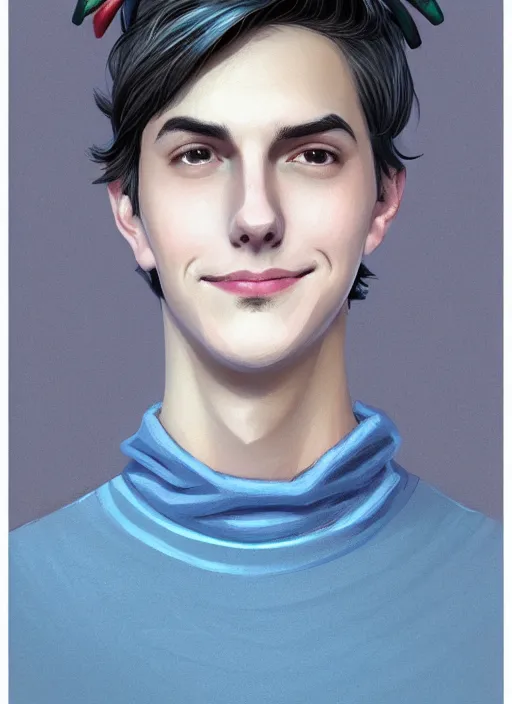 Image similar to portrait of teenage jughead jones wearing a light grey crown, crown, blue turtleneck, closed eyes, eyes closed, smile, crown, black hair, intricate, elegant, glowing lights, warm lighting, highly detailed, digital painting, artstation, concept art, smooth, sharp focus, illustration, art by wlop, mars ravelo and greg rutkowski