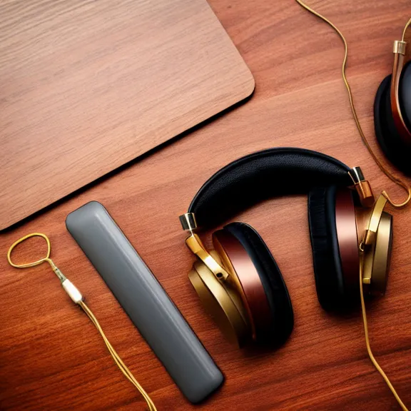 Prompt: beautiful meze classics headphones on a mahogany desk next to a sleek macbook, modernist headphones, wood headphones, gold metals, audiophile, intricate high detail, extreme quality, photographic, meze audio, sennheiser, hifi