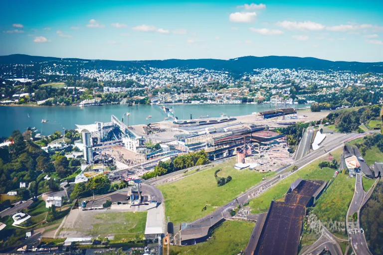 Image similar to bird's eye view photography of a small city. town hall, central farm, monorail station, beach and shipping dock. hills, woods and lake to the north.