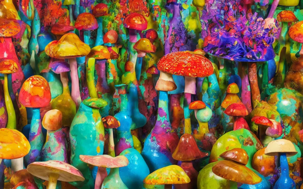 Image similar to Studio Photograph of Beautiful intensely colorful Ceramic Sculpture Of Tropical Mushrooms on a pedestal, ceramic sculpture with dripping glaze on a pedestal intricately carved with sgraffito Insects and the images of Tropical Flowers by Amedeo Modigliani by Robert Arneson by Paul Klee, Drippy Glaze Bright Intense Colors shocking detail hyperrealistic trending on artstation