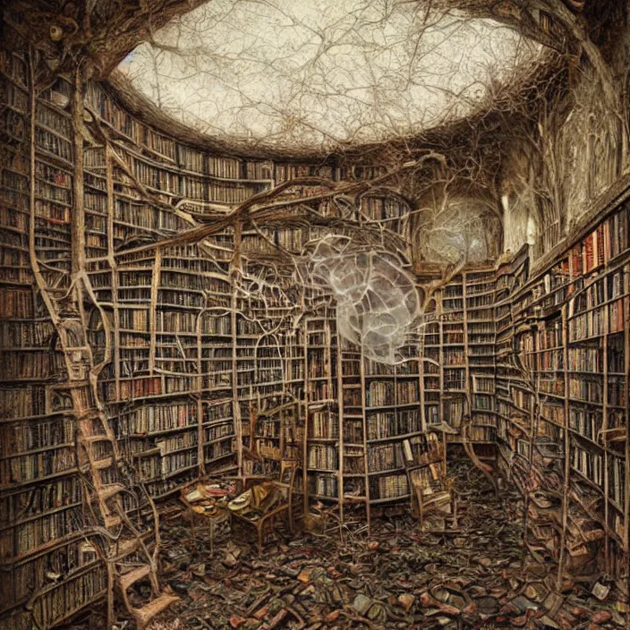 Prompt: old abandoned library, by brad kunkle, award-winning very beautiful masterpice