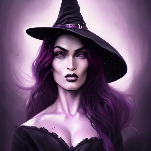 Image similar to an insanely detailed portrait of a beautiful witch that looks like megan fox with long dark purple hair, wearing black witch hat, in the style of peter mohrbacher, artgerm, dramatic lighting and composition, octane render, trending on artstation, concept art 8 k