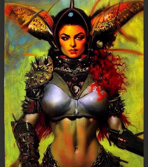 Prompt: portrait of strong iranian female chaos angel, beautiful! coherent! by frank frazetta, by brom, strong line, vivid neon color, spiked scrap metal armor, iron helm maximalist