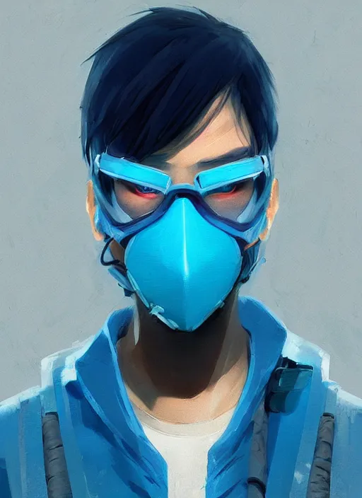 Prompt: concept art close up blue cyberpunk character with a surgical mask, by shinji aramaki, by christopher balaskas, by krenz cushart