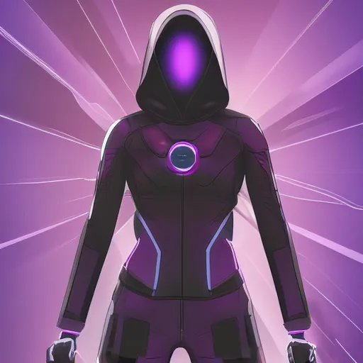 Prompt: poster artwork, sci fi, a female, full body, black hoodie techie, black hair with purple streaks, 8 k