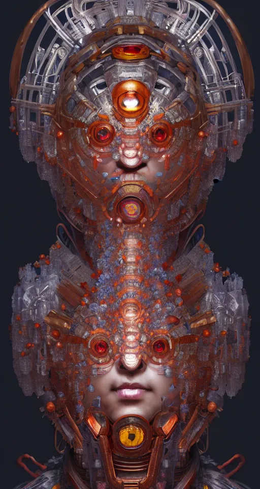 Image similar to asura from chinese myth, ghost, gorgeous and huge head ornaments, dystopian, cyberpunk, organic fractal mycelum and fungi, mecha, halfturn portrait of a big crystal face made of crystals half - turn, ominous, intricate, studio, art by anthony macbain + greg rutkowski + alphonse mucha, concept art, 4 k, sharp focus