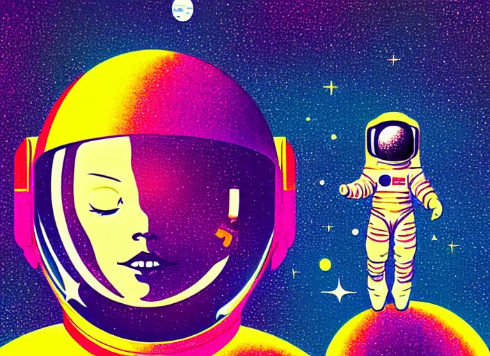 Image similar to portrait of a young astronaut girl on a spacewalk, colorful, modern art deco, mads berg, karolis strautniekas, stippled light, fine texture, editorial illustration, dramatic lighting, dynamic composition, detailed, matte print