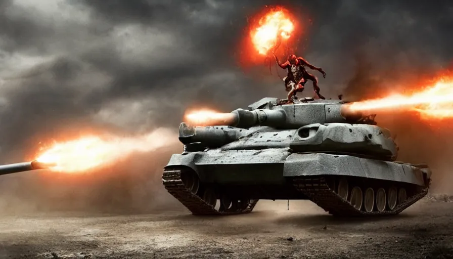 Prompt: Big budget movie about a cyborg demon fighting a tank