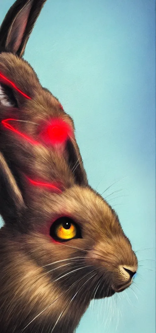 Image similar to portrait of neon fur rabbit with red eyes and a machine gun , 8k, highly detailed, sharp, realistic, in style of Brom