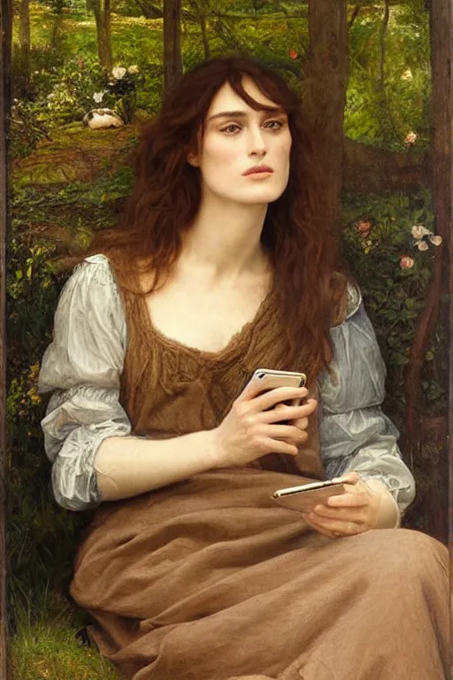 Prompt: a pre raphaelite painting of keira knightley lazily looking at her iphone by dante gabriel rossett