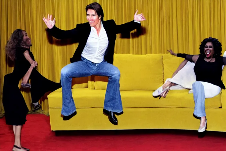 Image similar to tom cruise jumping!!! on oprah yellow couch