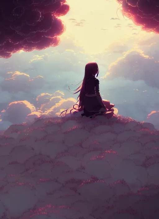 Prompt: portrait of a girl, cloudy sky background lush landscape ln illustration concept art lotr anime key visual portrait long flowing hair fine detail delicate features gapmoe kuudere trending pixiv by victo ngai fanbox by greg rutkowski makoto shinkai takashi takeuchi studio ghibli