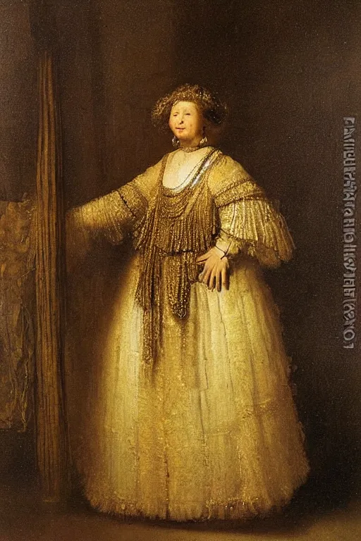 Prompt: a light feminine dress made of feathers and golden chains by Rembrandt, oil painting