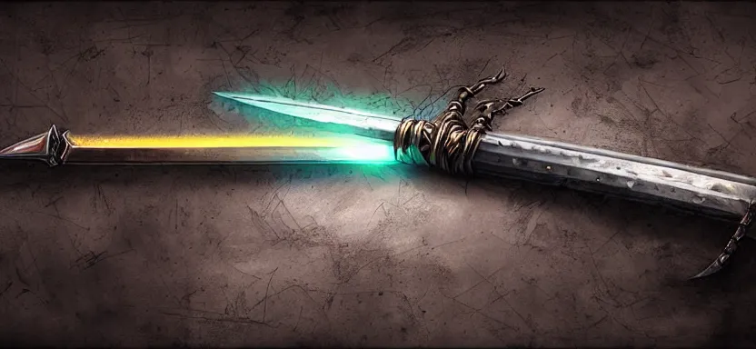 Prompt: legendary cybernetic sword lying flat on a glowing table with a long sharp black and iridescent sword blade, digital award winning hd matte painting, intimate dark moody, intricate, ornate spikes, colorful hilt, detailed realistic, raytraced blade, colored gems, future golden technological pommel, in the style of greg rutkowski and krenz cushart, deviantart