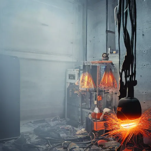 Image similar to oversized egg beater, tangles of metallic cables, dark messy smoke - filled cluttered workshop, dark, dramatic lighting, orange tint, sparks, plasma charges, cinematic, highly detailed, sci - fi, futuristic, movie still