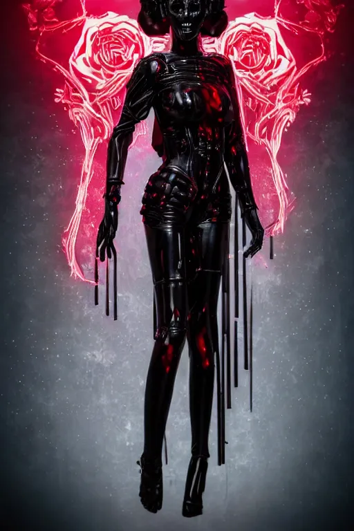 Image similar to full-body cyberpunk style sculpture of a young beautiful dark priestess, half android with a head opening exposing circuitry, glowing red eyes, black roses, flowing blood red colored silk, fabric, candles. baroque elements, human skull. full-length view. baroque element. intricate artwork by Caravaggio. crows flying in background. Trending on artstation, octane render, cinematic lighting from the right, hyper realism, octane render, 8k, depth of field, 3D