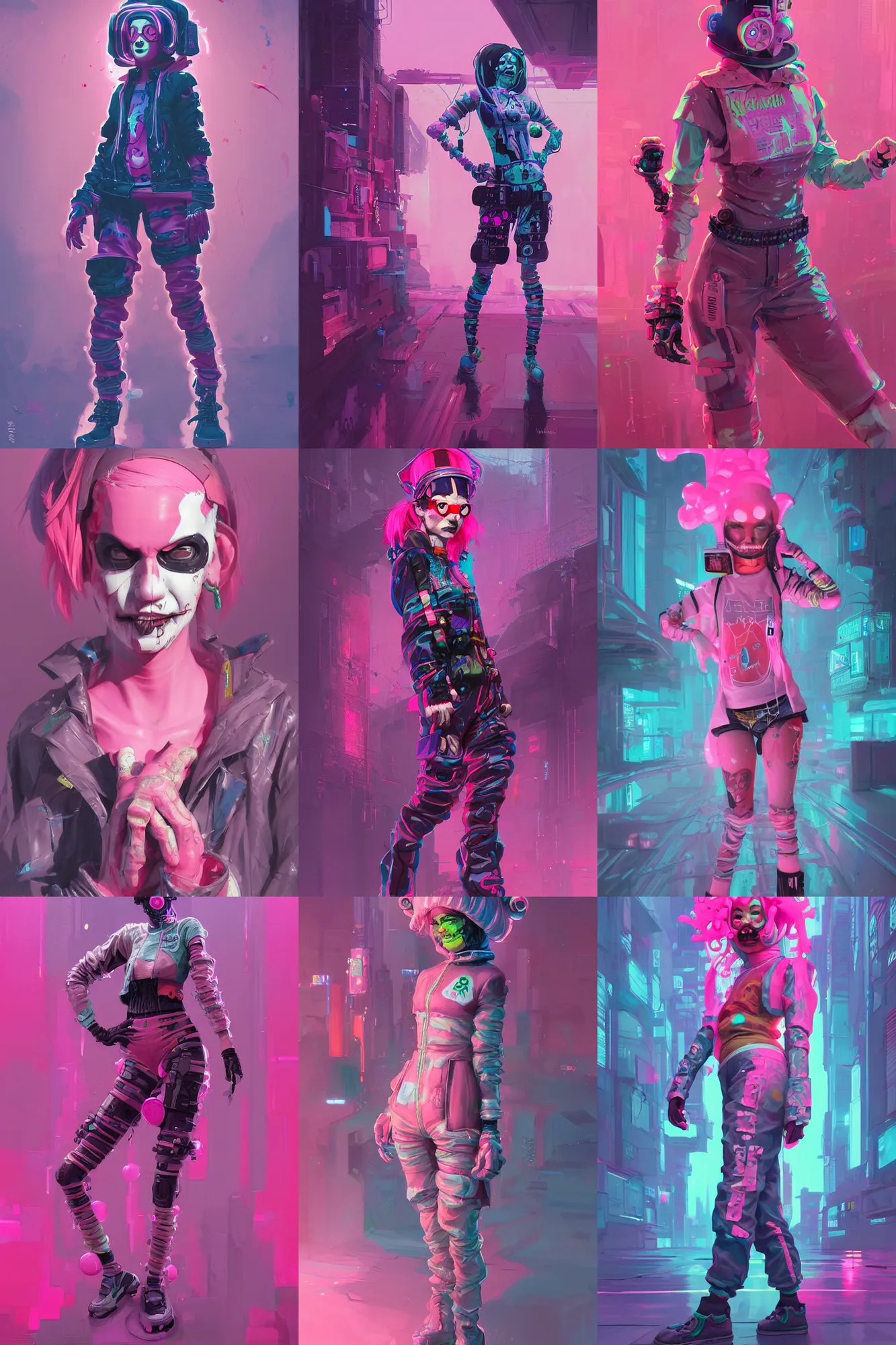 Prompt: wide view cyberpunk clown girl made of pink slime, wearing cyberpunk intricate streetwear, transparent, behance hd artstation by jesper ejsing by rhads, makoto shinkai and lois van baarle, ilya kuvshinov, ossdraws, cinematic lighting, sharp focus