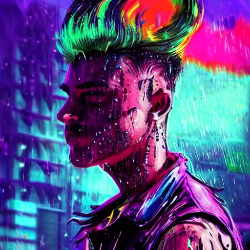 Prompt: splashes of neon, mowhawk, punk portrait made out of paint with rain in the background, trending on artstation, epic composition, emotional, beautiful, rendered in octane, highly detailed, realistic, tim burton comic book art, sharp focus, matte painting, unreal engine