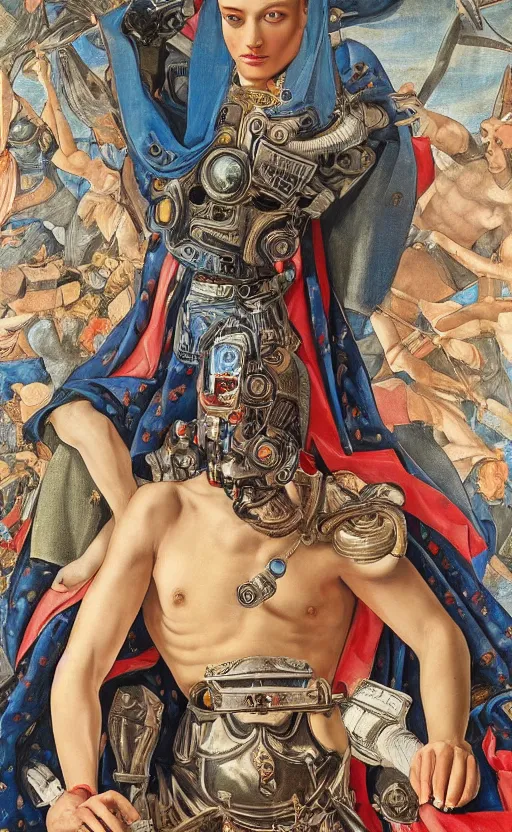 Prompt: beautifully painted mural of a young cyborg king in ornate royal fabric, piercing glowing eyes, sci fi scenery, vogue cover poses, mural in the style of sandro botticelli, caravaggio, albrecth durer