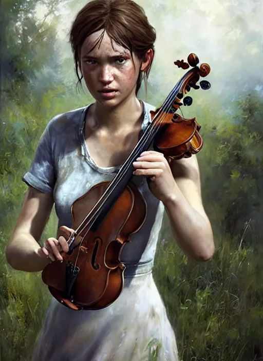 Image similar to portrait of ellie from the last of us in a white dress playing the violin. by Daniel F. Gerhartz, hyperrealistic oil painting, 4k, very detailed faces, studio lightning