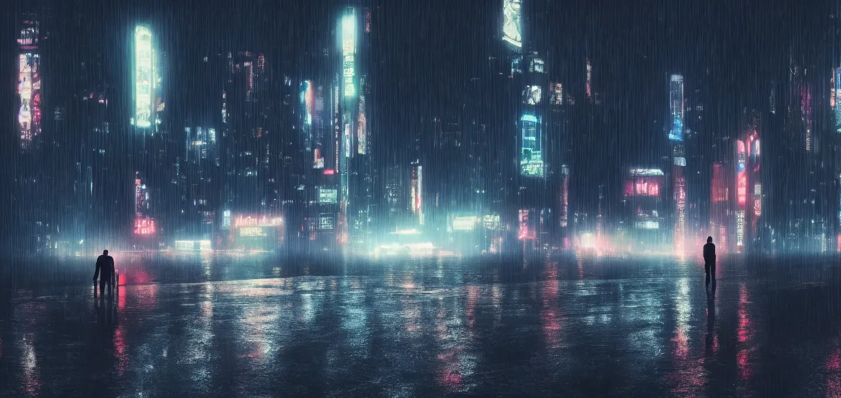 Prompt: shot of the roof with single man sitting on the edge during rain, below impressive cyberpunk night city during great rainy storm with lightning, nightscape, futuristic architecture, realistic photo, neons, blade runner, akira style, cinematic lighting, cinematic angles, dramatic perspective, glory, awe