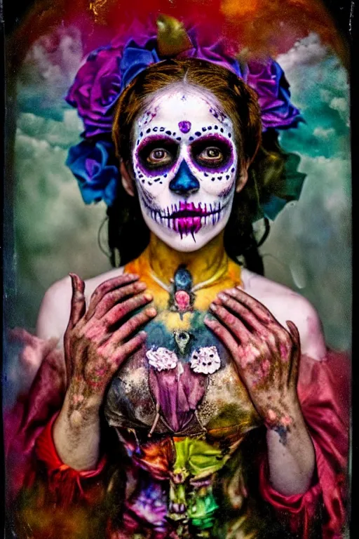 Image similar to color separation process, tintype virgin mary in dia de muertos dress and make up, horrific beautiful vibe, evocative, atmospheric lighting, painted, intricate, highly detailed, leesha hannigan, wayne haag, reyna rochin, ignacio fernandez rios, mark ryden, iris van herpen, stunning, gorgeous, sharp focus, cinematic, masterpiece