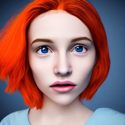 Image similar to Pretty face orange hair, light blue background, 8k, award-winning photorealistic