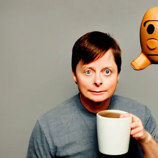 Image similar to Michael J Fox drinking holding a poop emoji mug