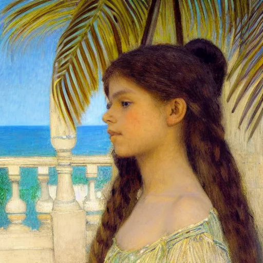 Image similar to a ultradetailed beautiful painting of a girl in the amazonas palace balustrade designed by jules bastien - lepage, tarsila do amaral, frank weston and gustave baumann, beach, trending on artstation, mediterranean, palm trees, detailed face, sharp focus, soft light, 8 k 4 k