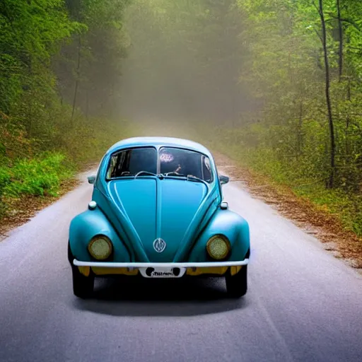 Image similar to promotional scifi - mystery movie scene of a big ladybug ( volkswagen beatle ) hybrid that's more ladybug, racing down a dusty back - road in smokey mountains tennessee. cinematic, 4 k, imax, 7 0 mm, teal autochrome, hdr