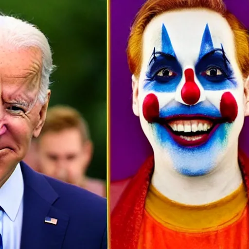 Prompt: Joe Biden with colorful clown makeup all over his face