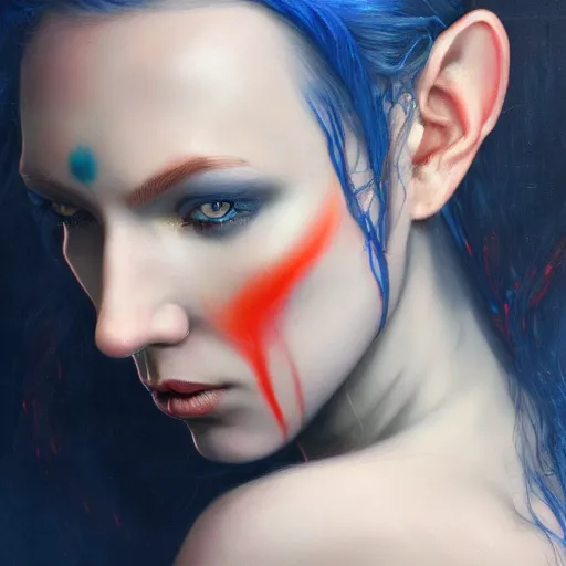 Prompt: A detailed matte oil on canvas head on symmetrical portrait of a distinguished elven woman with red and blue hair on an empty background, by Charlie bowater, Lise Deharme, Wlop, trending on artstationhd, dungeons and dragons art, parted hair , half blue, half red , split dye, critical role