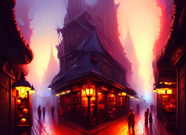 Prompt: a highly detailed bazaar street in the great city of waterdeep, amazing d & d digital painting by anato finnstark, brom digital art, intricate details, ultra realistic, beautiful art, volumetric lighting, ultrarealistic, by art germ, by brom, trending cgsociety, artstation, faerun theme, 8 k