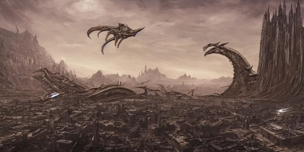 Prompt: one giger wyvern attacking desert city, in style of federico pelat and greg rutkowski