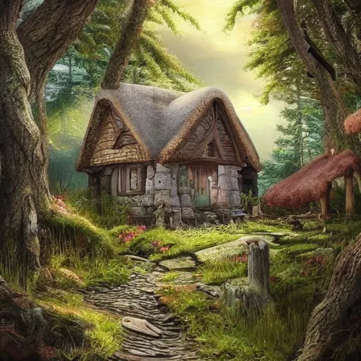 Prompt: a cottage in the woods, fantasy art, detailed, hyper realistic, cinematic