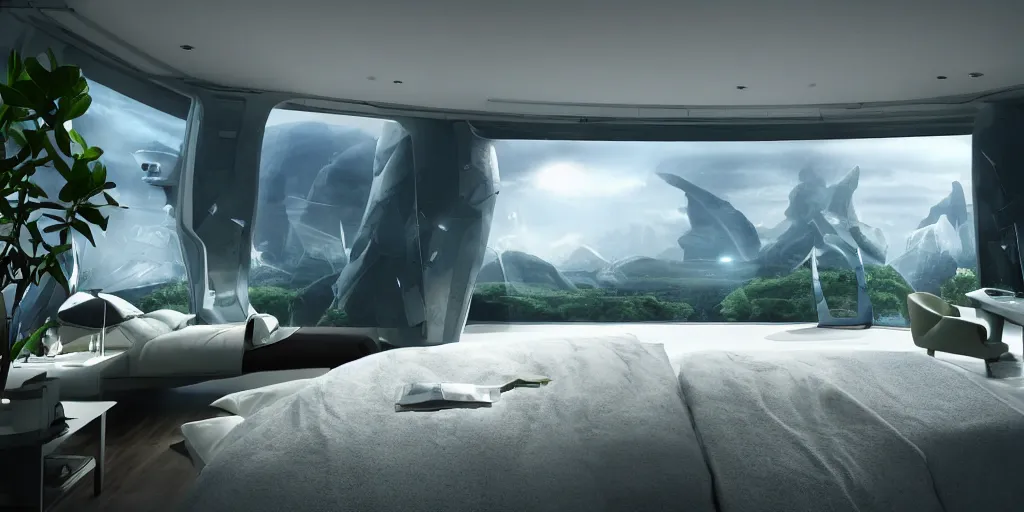 Image similar to a futuristic bed in the foreground of a futuristic minimalistic room with a huge window overlooking an lush green verdant alien planet, photorealistic, cinematic, octane render by oblivion movie thom tenery and dieter rams