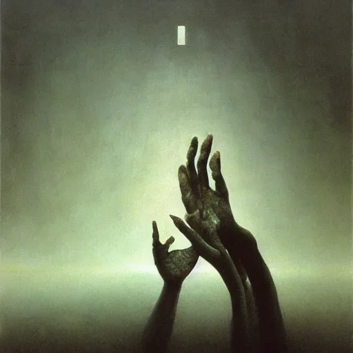 Prompt: arm reaching out of thick fog, blocks made of obsidian, zdzislaw beksinski