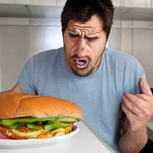 Image similar to A man looking in disgust at his lunch