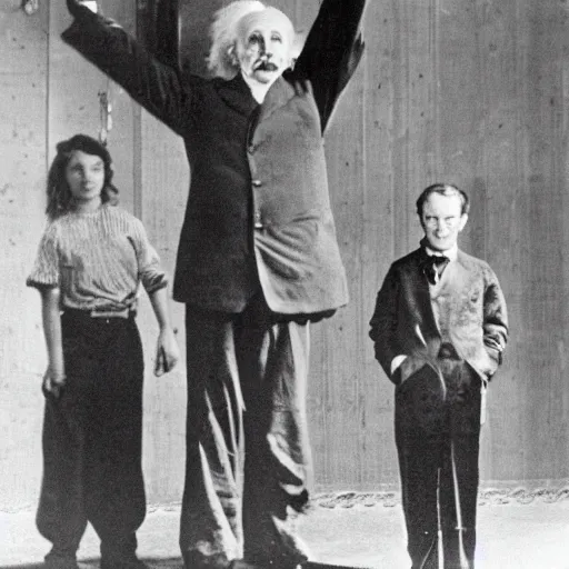 Image similar to Albert Einstein tallest man in the world being showed off at a circus