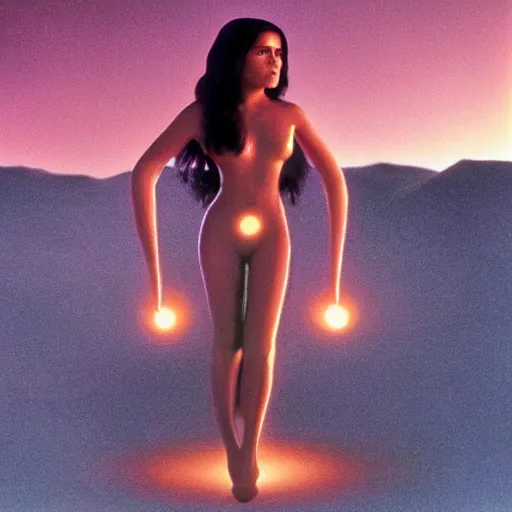 Prompt: beautiful Fine art photo of a young enraptured Salma Hayek as a solarpunk mayan robotic godess, photorealistic, centered, highly detailed, sunset lighting, in the movie 2001 A Space Odyssey, 8k