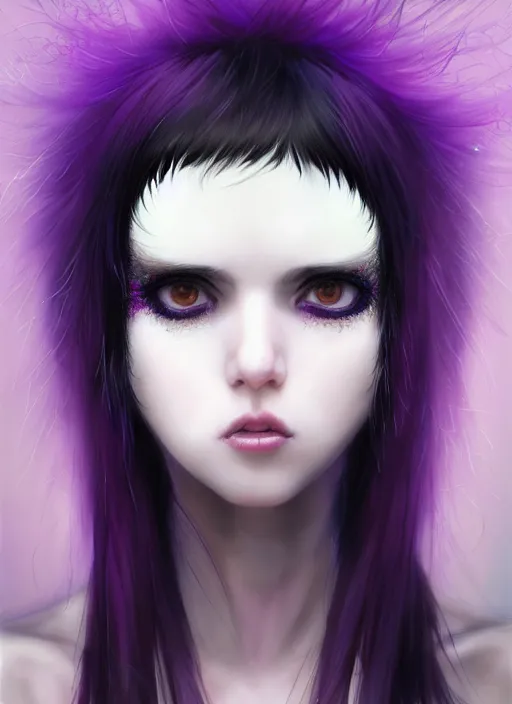 Image similar to hair blackbangs hair, white cyberlox, portrait of normal teenage girl, normal face, black bangs, messy bangs, fluffy bangs, cyberlox, whitebangs, red contact lenses, purple background, intricate, elegant, highly detailed, digital painting, artstation, concept art, sharp focus, smooth, illustration, art by wlop, mars ravelo and greg rutkowski