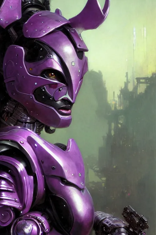 Image similar to extreme close up, facial portrait, half - chinese woman with a long black ponytail in purple sci - fi armor, wearing a kitsune mask, mechanical armor, cybernetic hands, striking pose, portrait dnd, painting by gaston bussiere, craig mullins, greg rutkowski, yoji shinkawa