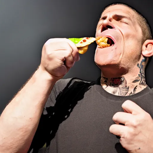 Image similar to a high resolution 4k photograph of John Joseph, the singer of the cromags, shoving a cheeseburger into his mouth