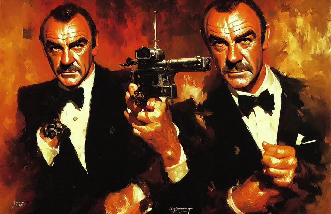 Image similar to portrait of sean connery as james bond!!!!!!!!!!!!!!!!!!!!!!!!!!!, detailed face, detailed painting, epic lighting, by ilya repin, phil hale and kent williams