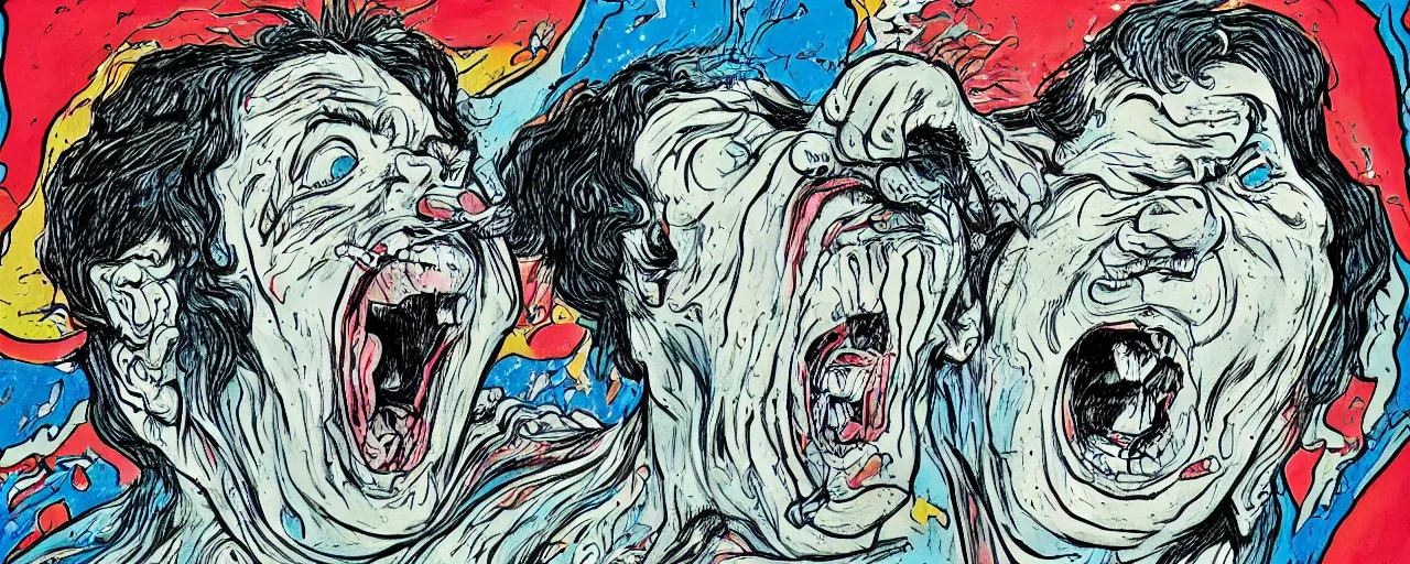 Prompt: portrait of a mad man screaming and melting in style of josan gonzales and Salvador Dali,